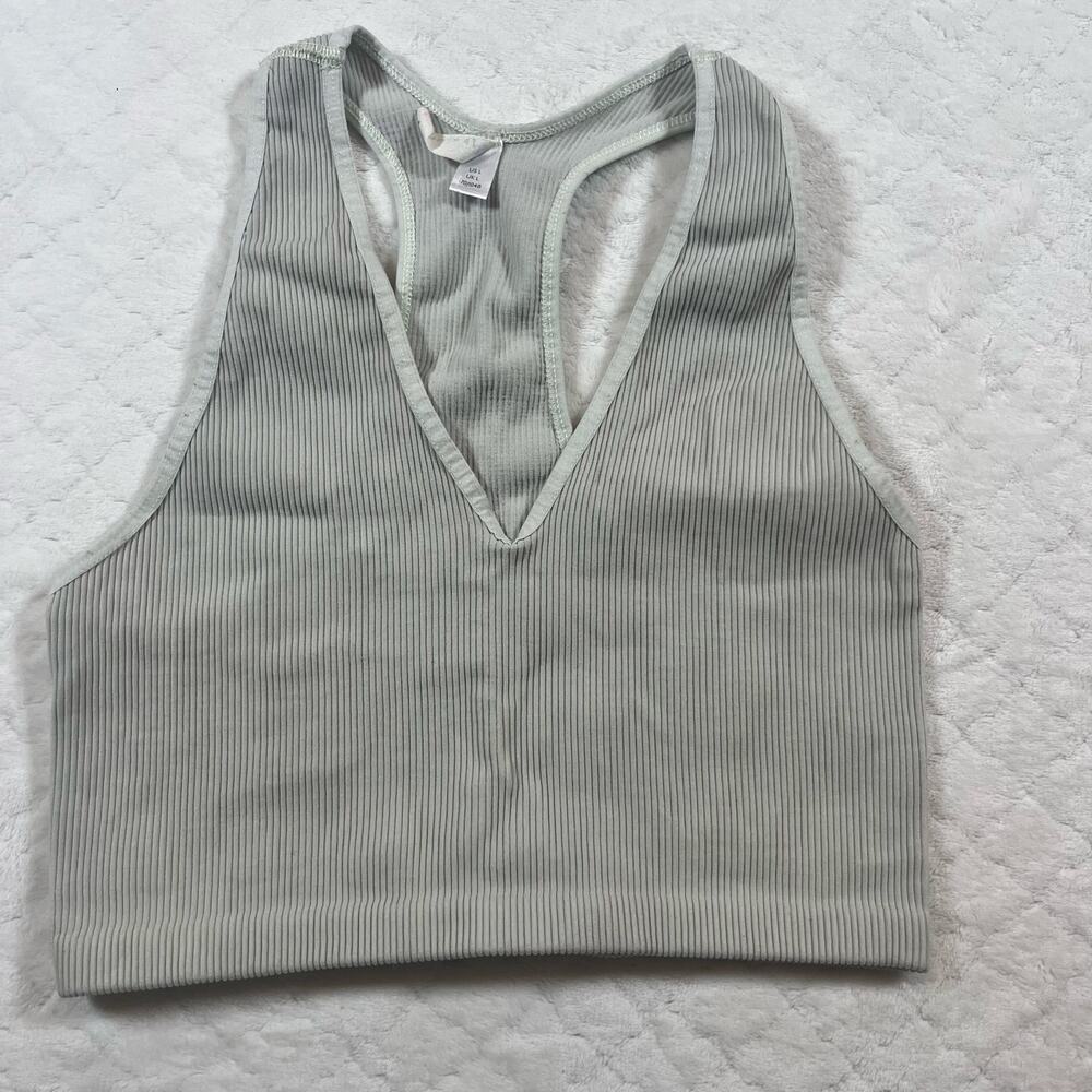 Free People Ribbed V-Neck Racerback Sports Bra in Sage Green